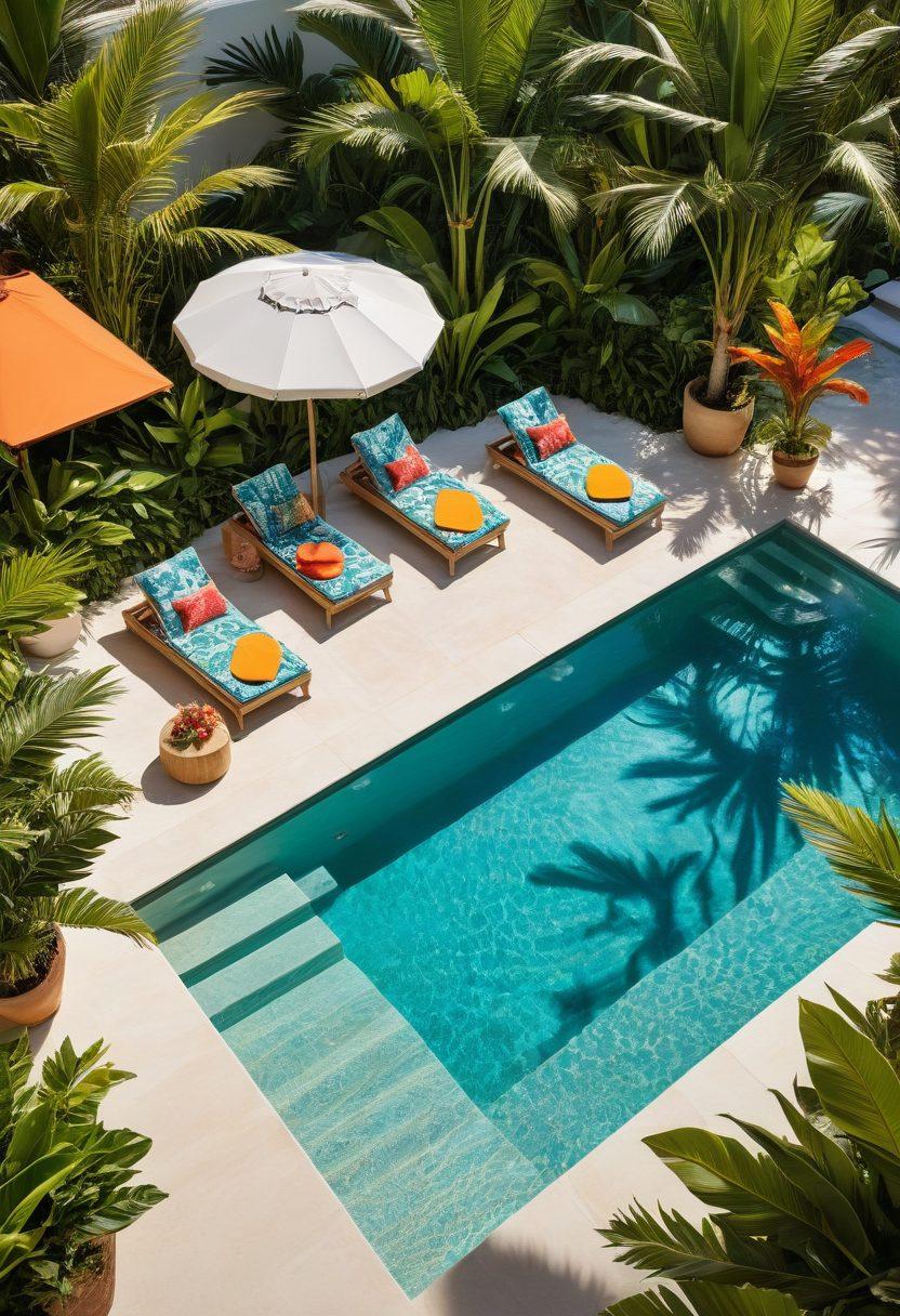 A picturesque scene showcasing a stylish beach setting with a chic poolside area transitioning into ocean waves. Elegant swimwear models lounging by the pool and playing in the surf, surrounded by tropical plants and vibrant beach accessories. Bright sun, shimmering water, and playful splashes capturing the essence of adventure and relaxation. super-realistic. vibrant colors. bright background.